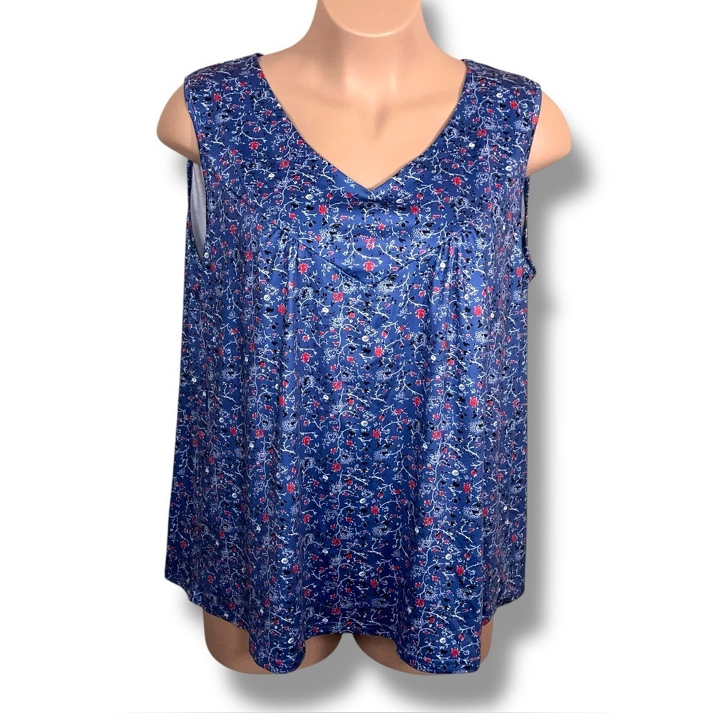 5XL Blue Red Floral Sleeveless Top Stretch Vneck Stretch Vine